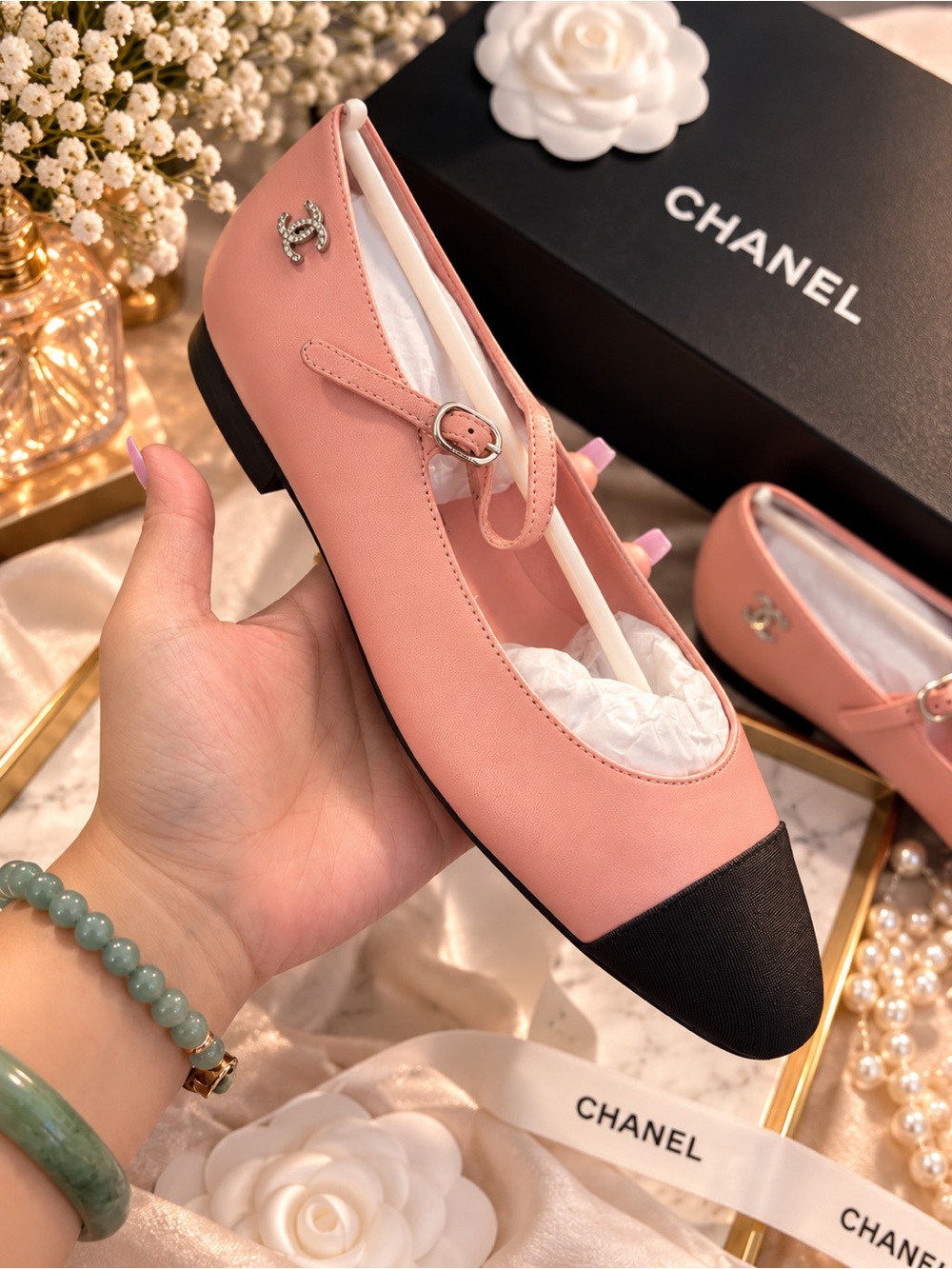 CHANEL Pink and Black Mary Jane Ballet Flat with CC Charm